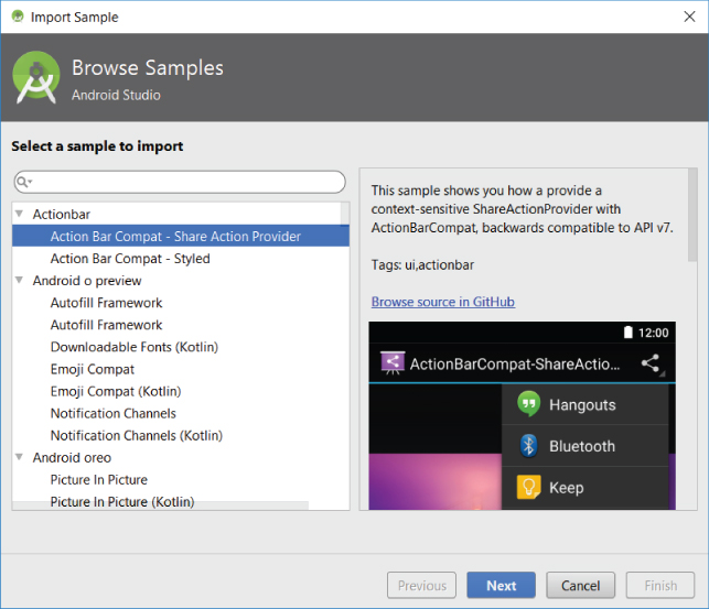 Import Sample Wizard with highlighted Action Bar Compat – Share Action Provider option on the left and a snipped image with Hangouts, Bluetooth, and Keep options on the right. Next button is at the bottom right.